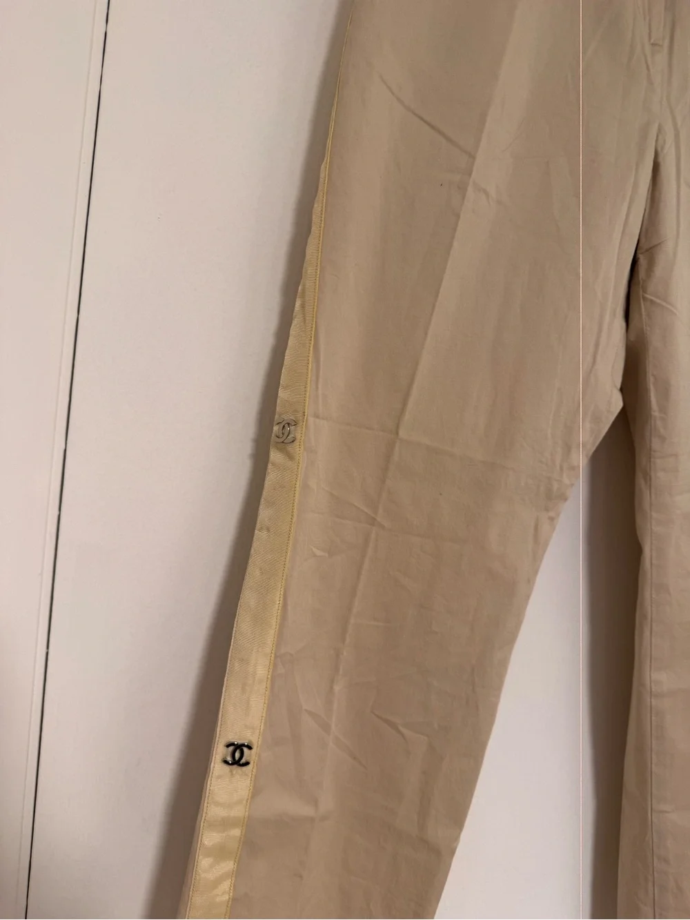 CHANEL VINTAGE KHAKI ANKLE TRACK TROUSERS-SIZE 40-MINT CONDITION